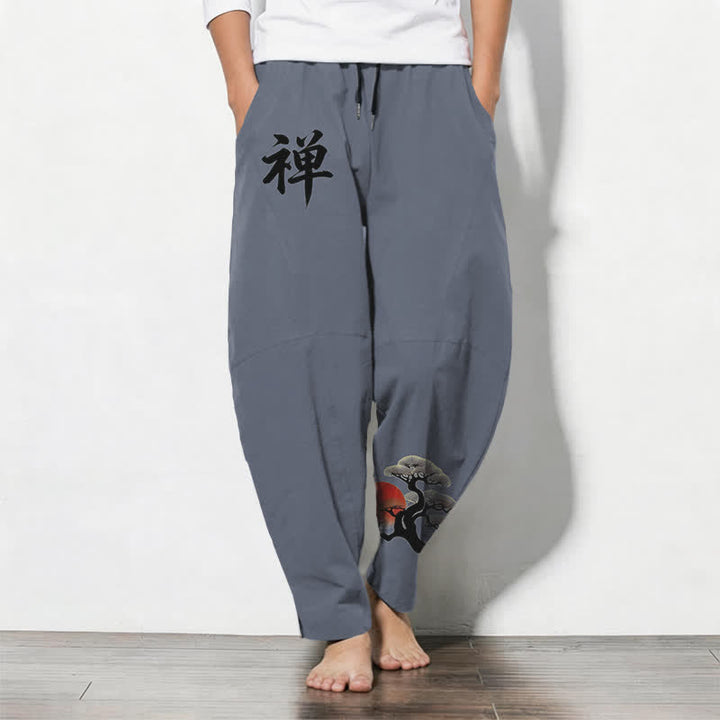 Buddha Stones Pure Cotton Zen Bonsai Sunset Pattern Drawstring Men's Tapered Pants With Pockets - SlateGray - US/UK/AU50，EU60 (5XL) - image 0