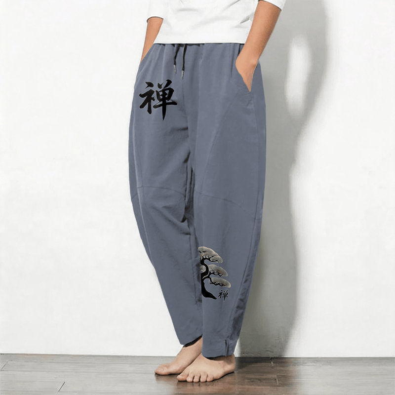 Buddha Stones Pure Cotton Zen Bonsai Sunset Pattern Drawstring Men's Tapered Pants With Pockets - image 1