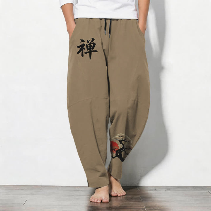 Buddha Stones Pure Cotton Zen Bonsai Sunset Pattern Drawstring Men's Tapered Pants With Pockets - Tan - US/UK/AU50，EU60 (5XL) - image 11