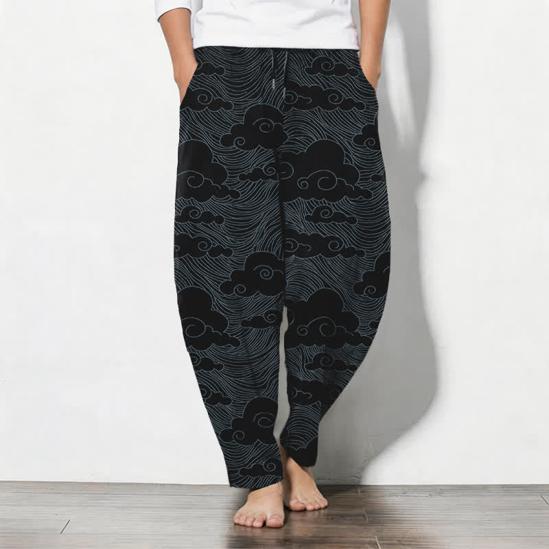 Buddha Stones Pure Cotton Japanese Cloud Wave Pattern Drawstring Men's Tapered Pants With Pockets - Black - US/UK/AU50，EU60 (5XL) - image 0