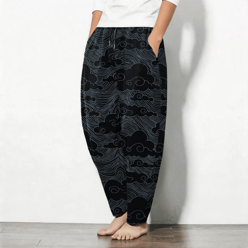 Buddha Stones Pure Cotton Japanese Cloud Wave Pattern Drawstring Men's Tapered Pants With Pockets - image 1