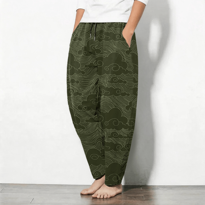 Buddha Stones Pure Cotton Japanese Cloud Wave Pattern Drawstring Men's Tapered Pants With Pockets - image 8