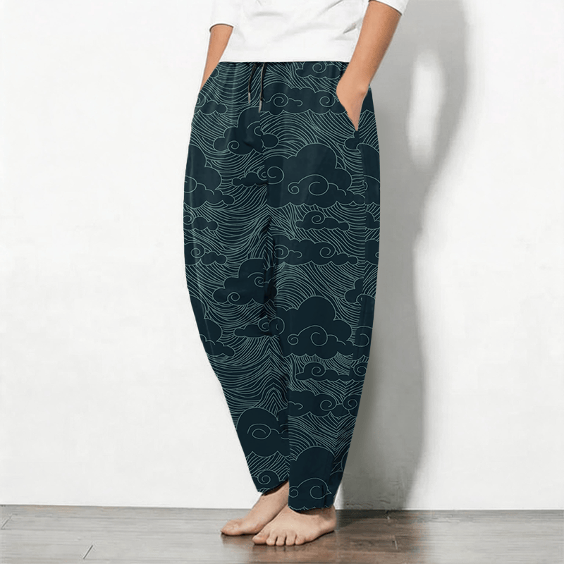 Buddha Stones Pure Cotton Japanese Cloud Wave Pattern Drawstring Men's Tapered Pants With Pockets - image 12