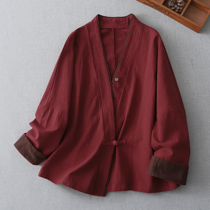Buddha Stones Spring Fall Vintage Tang Style Knot Button V-Neck Solid Women's Kimono - FireBrick - US8-10, UK/AU12-14, EU40-42 (2XL) - image 0