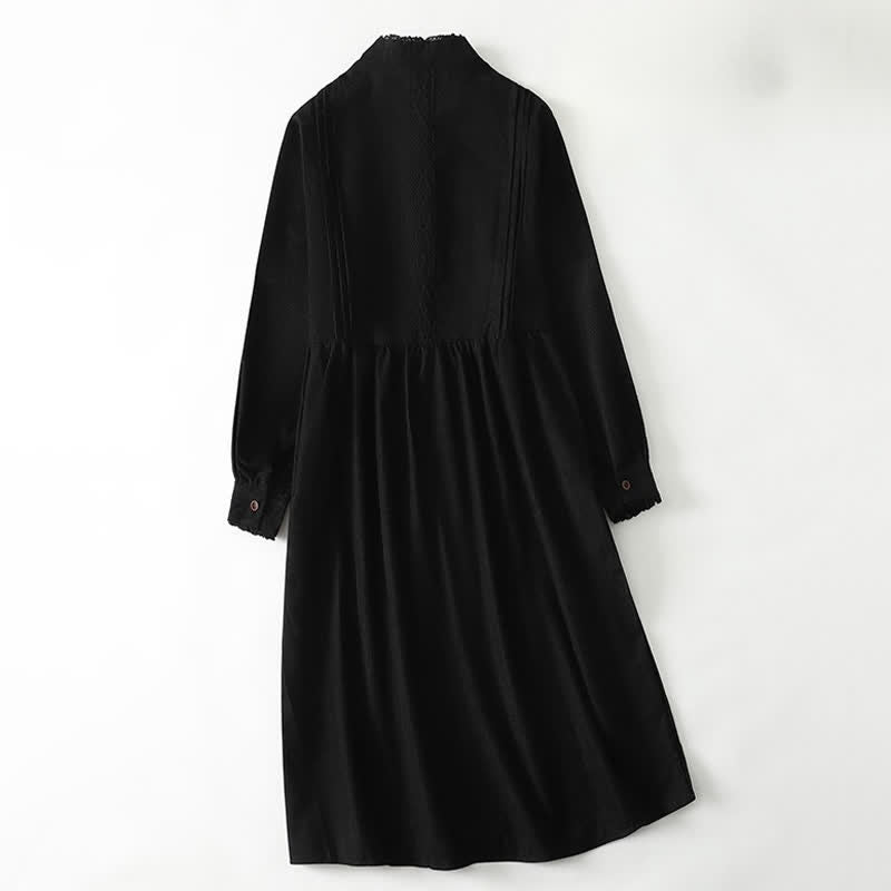 Buddha Stones Spring Fall Tang Style Vintage Button-Up Pleated Trim Solid Women's Long Sleeve Dress With Pocket - image 13