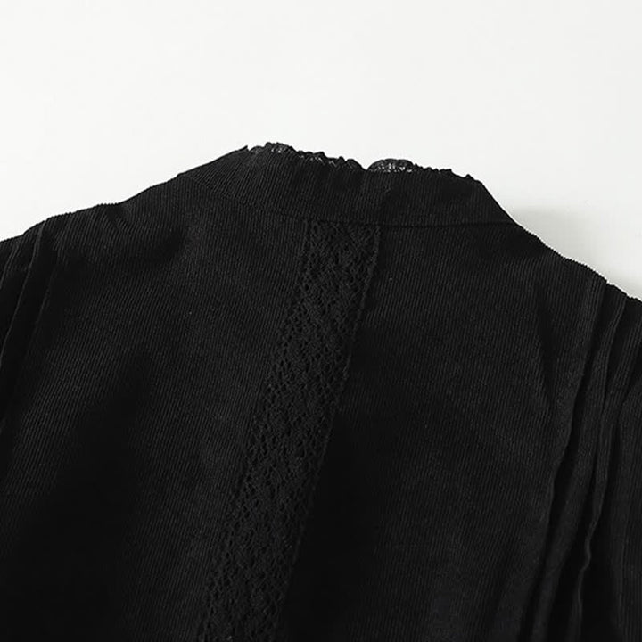 Buddha Stones Spring Fall Tang Style Vintage Button-Up Pleated Trim Solid Women's Long Sleeve Dress With Pocket - image 15