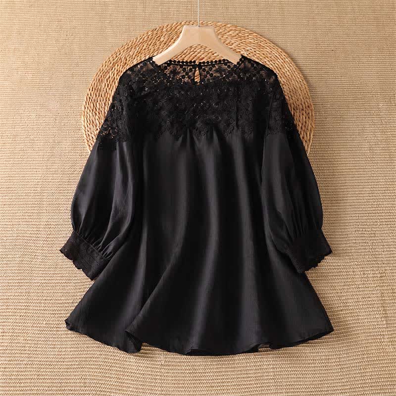 Buddha Stones Summer Elegant Casual Lace Solid Women's Long Sleeve T-Shirt - Black - US8-10, UK/AU12-14, EU40-42 (2XL) - image 0