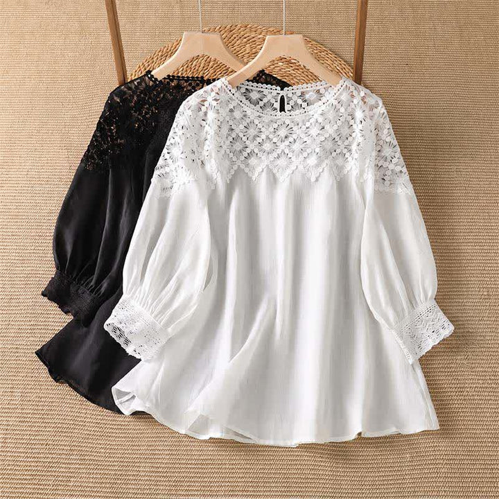 Buddha Stones Summer Elegant Casual Lace Solid Women's Long Sleeve T-Shirt - image 11