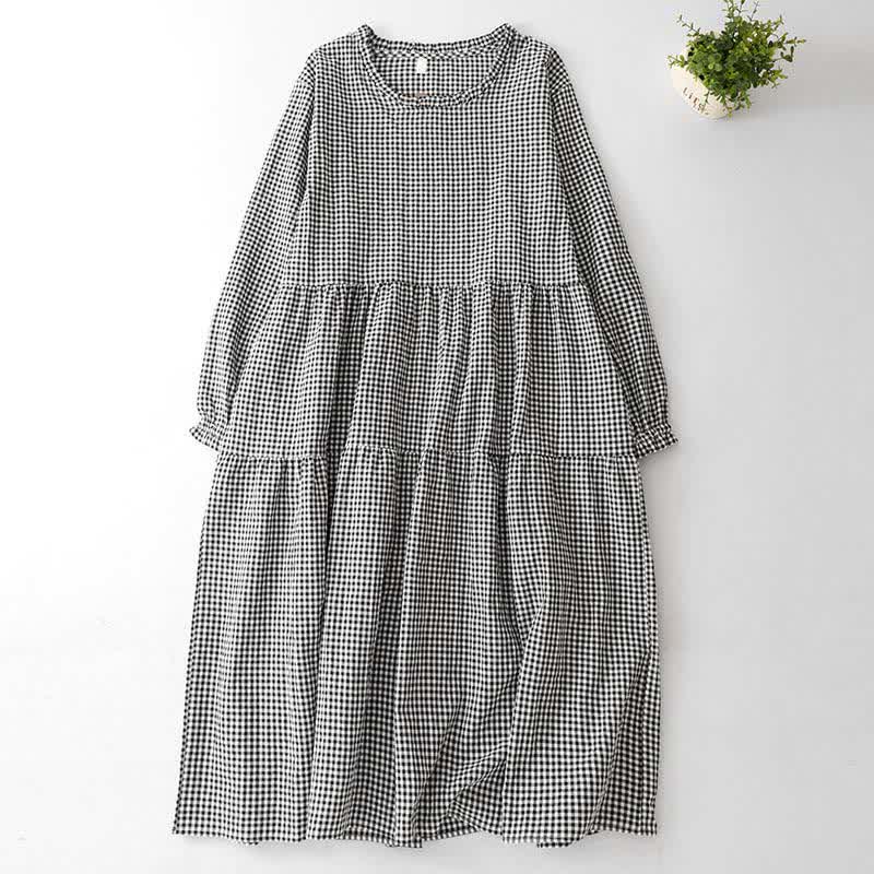 Buddha Stones Spring Fall Casual Vintage Tiered Plaid Women's Long Sleeve Dress With Pocket - Gainsboro - US12, UK/AU16, EU44 (2XL) - image 0