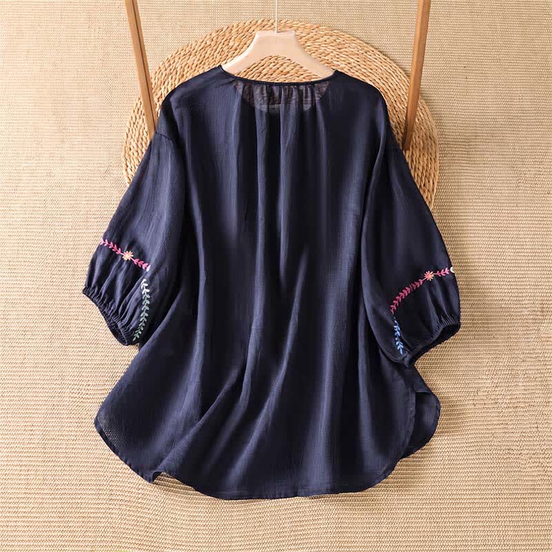 Buddha Stones Spring Summer Boho Embroidery Floral Women's Short Sleeve Shirts - image 8