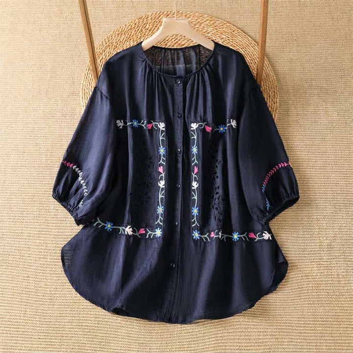 Buddha Stones Spring Summer Boho Embroidery Floral Women's Short Sleeve Shirts - MidnightBlue - US12, UK/AU16, EU44 (2XL) - image 7
