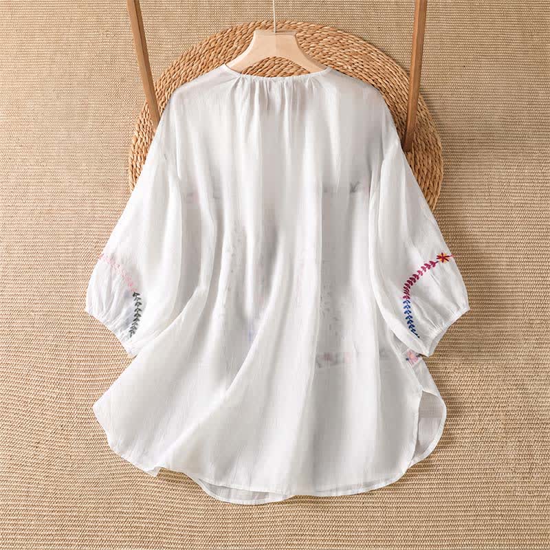 Buddha Stones Spring Summer Boho Embroidery Floral Women's Short Sleeve Shirts - image 1