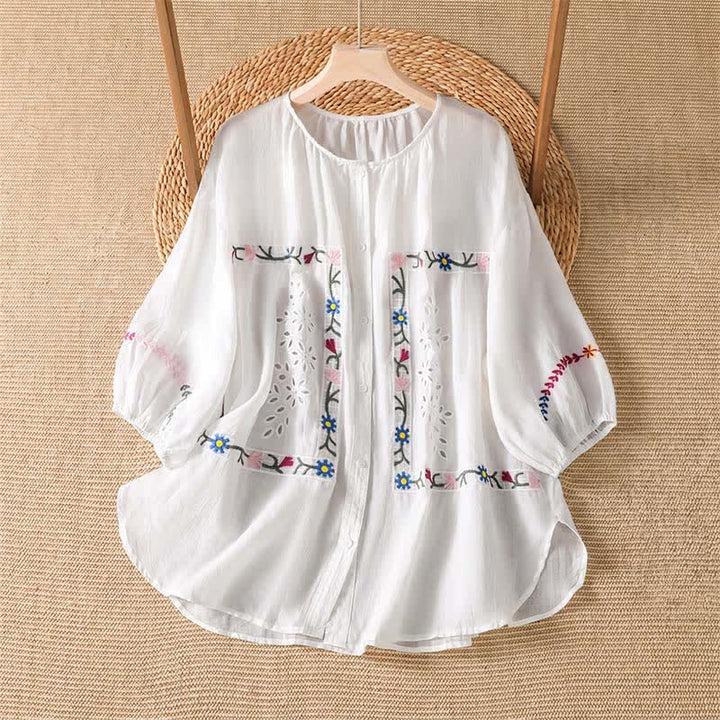 Buddha Stones Spring Summer Boho Embroidery Floral Women's Short Sleeve Shirts - White - US12, UK/AU16, EU44 (2XL) - image 0