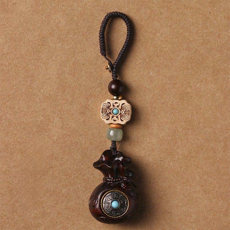 Buddha Stones Red Sandalwood Green Sandalwood Om Mani Padme Hum Blessing Chinese Coin Money Bag Design Serenity Keychains - Red Sandalwood - Keychain - image 0