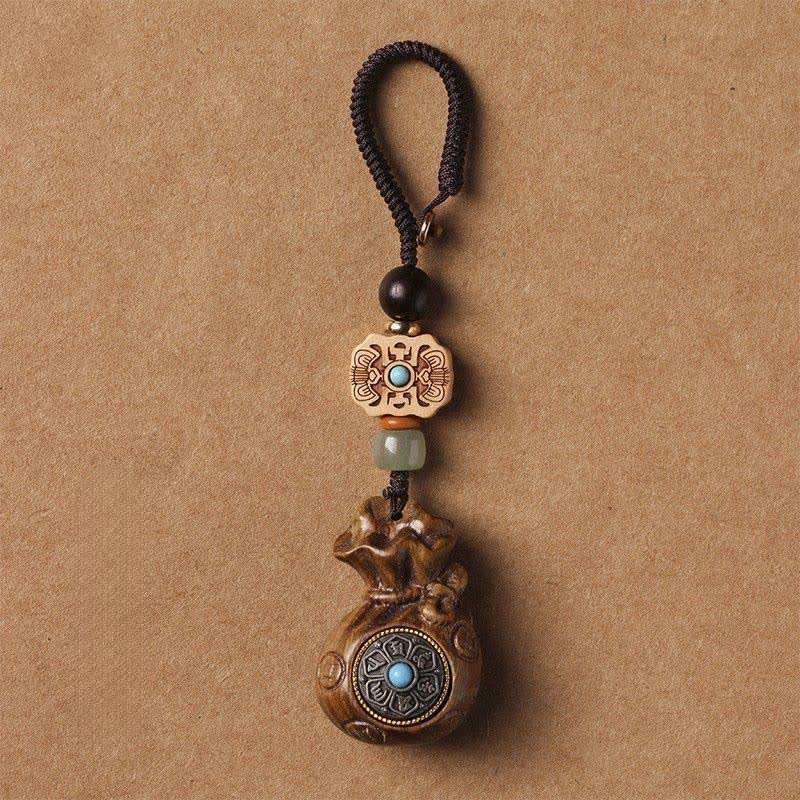 Buddha Stones Red Sandalwood Green Sandalwood Om Mani Padme Hum Blessing Chinese Coin Money Bag Design Serenity Keychains - Green Sandalwood - Keychain - image 4