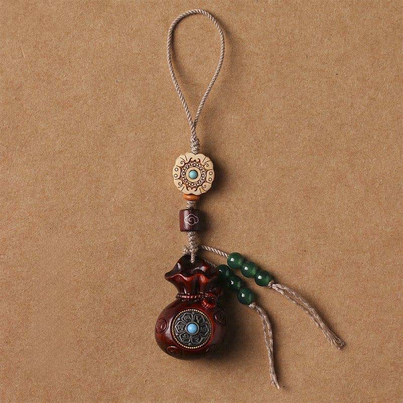 Buddha Stones Red Sandalwood Green Sandalwood Om Mani Padme Hum Blessing Chinese Coin Money Bag Design Serenity Keychains - Red Sandalwood - Phone Hanging Decoration - image 5