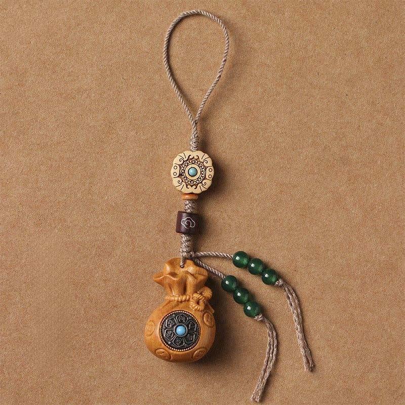 Buddha Stones Red Sandalwood Green Sandalwood Om Mani Padme Hum Blessing Chinese Coin Money Bag Design Serenity Keychains - Sandalwood - Phone Hanging Decoration - image 21