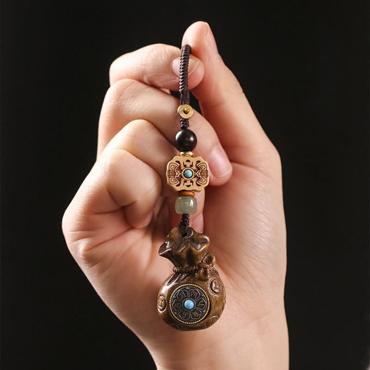 Buddha Stones Red Sandalwood Green Sandalwood Om Mani Padme Hum Blessing Chinese Coin Money Bag Design Serenity Keychains - image 9