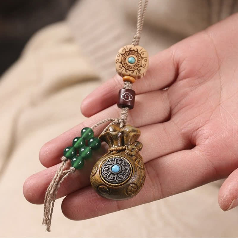 Buddha Stones Red Sandalwood Green Sandalwood Om Mani Padme Hum Blessing Chinese Coin Money Bag Design Serenity Keychains - image 14