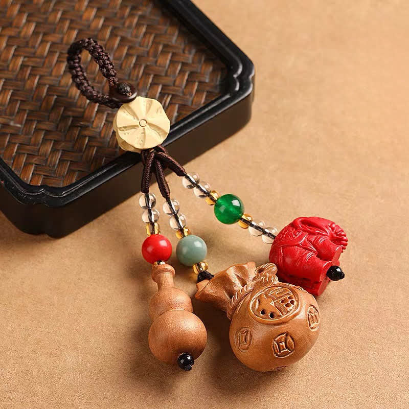 Buddha Stones Peach Wood Fu Character Money Bag Lucky Cinnabar Elephant Lotus Gourd Keychains - image 1