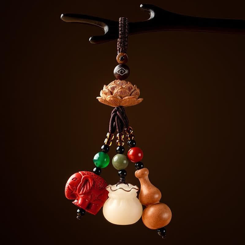 Buddha Stones Peach Wood Fu Character Money Bag Lucky Cinnabar Elephant Lotus Gourd Keychains - image 13