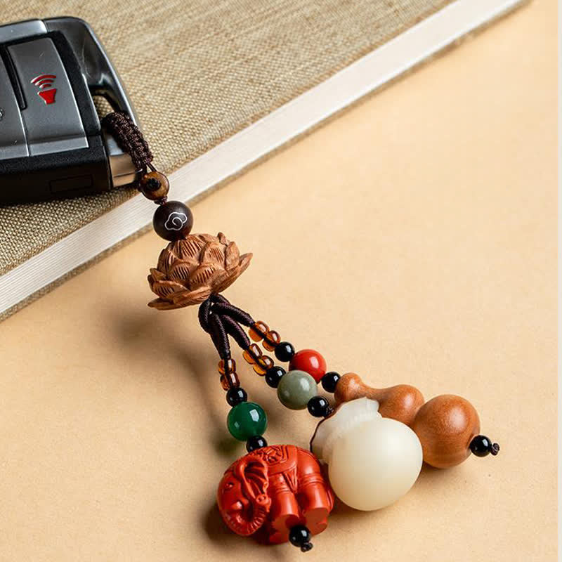 Buddha Stones Peach Wood Fu Character Money Bag Lucky Cinnabar Elephant Lotus Gourd Keychains - image 16