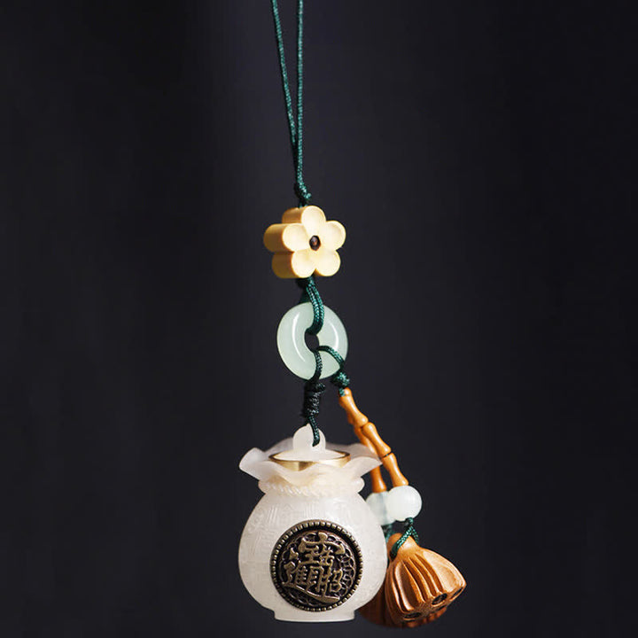 Buddha Stones Good Fortune Money Bag Attract Wealth Peach Wood Lotus Pod Tassel Keychains - image 8