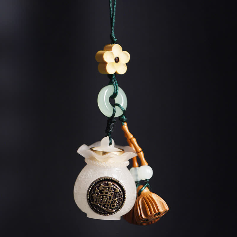 Buddha Stones Good Fortune Money Bag Attract Wealth Peach Wood Lotus Pod Tassel Keychains - Money Bag - image 0