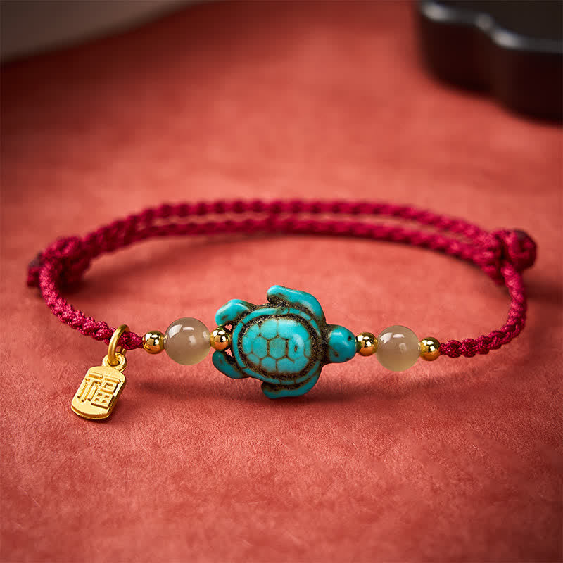 Buddha Stones Hand-Woven Turquoise Turtle Fu Character Jade Beads Luck Rope Bracelet - image 1