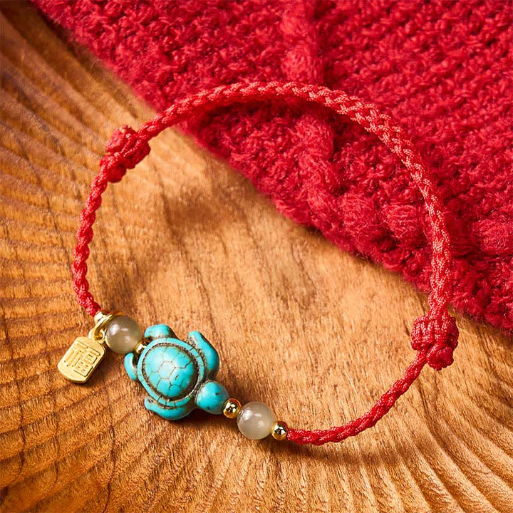 Buddha Stones Hand-Woven Turquoise Turtle Fu Character Jade Beads Luck Rope Bracelet - Red(Wrist Circumference: 5.9–8.3 in / 15–21 cm) - image 11