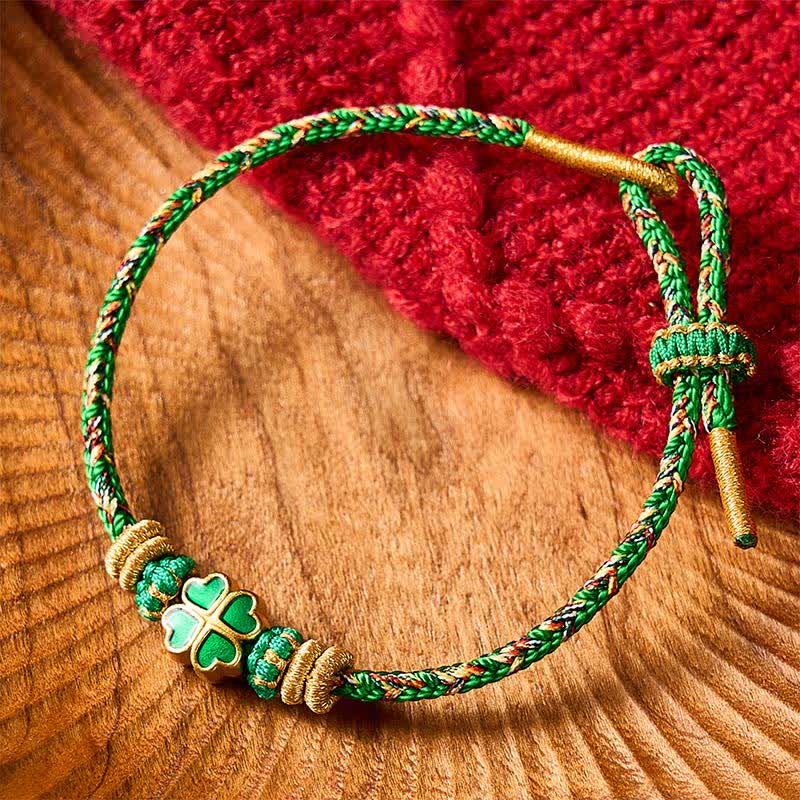 Buddha Stones Hand-Woven String Heart-Shaped Green Four Leaf Clover Strength Rope Bracelet - image 1