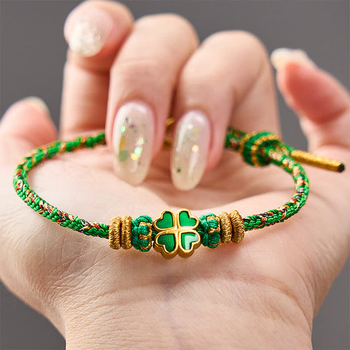 Buddha Stones Hand-Woven String Heart-Shaped Green Four Leaf Clover Strength Rope Bracelet - image 3