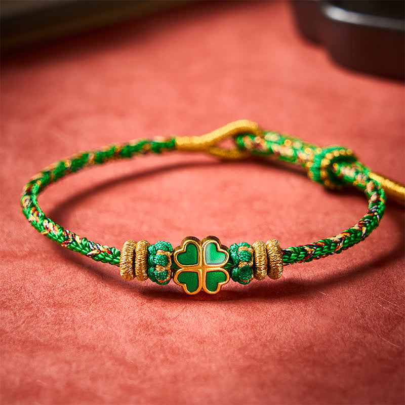 Buddha Stones Hand-Woven String Heart-Shaped Green Four Leaf Clover Strength Rope Bracelet - image 2