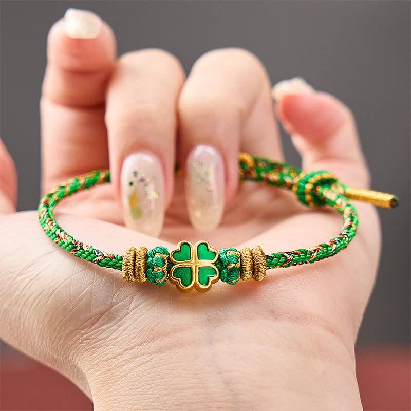 Buddha Stones Hand-Woven String Heart-Shaped Green Four Leaf Clover Strength Rope Bracelet - image 4