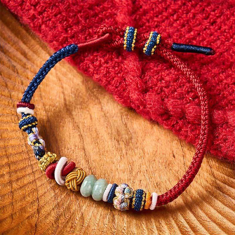 Buddha Stones Hand-Woven Peach Blossom Luck Jade Beads Red Navy String Bracelet - image 1