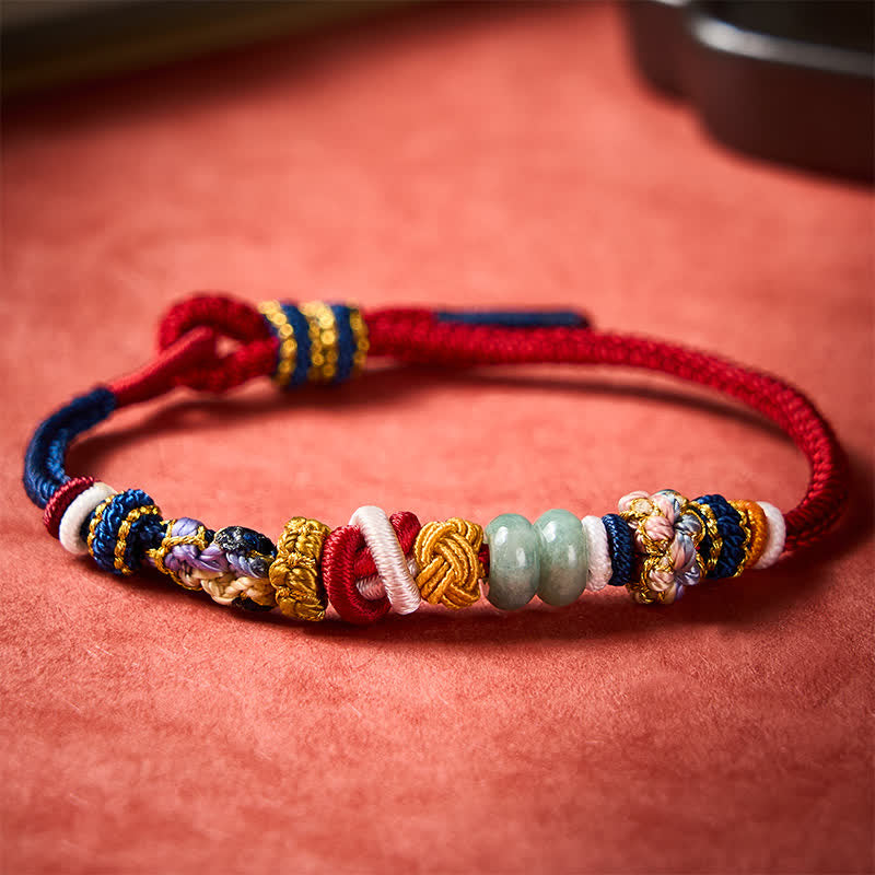 Buddha Stones Hand-Woven Peach Blossom Luck Jade Beads Red Navy String Bracelet - Red Navy(Wrist Circumference: 5.9-7.1 in / 15-18cm) - image 0