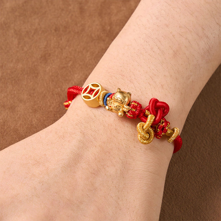 Buddha Stones Golden Lucky Cat Red String Protection Braided Bracelet - image 5