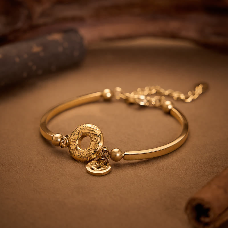 Buddha Stones Titanium Steel Peace Buckle Fu Character Chinese Coin Pendant Open Chain Bracelet - image 1