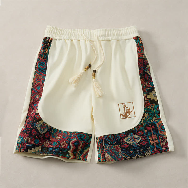 Buddha Stones Summer Boho Drawstring Elastic Waist Geometric Trim Men's Shorts With Pockets - White - US/UK/AU46, EU56 (5XL) - image 17