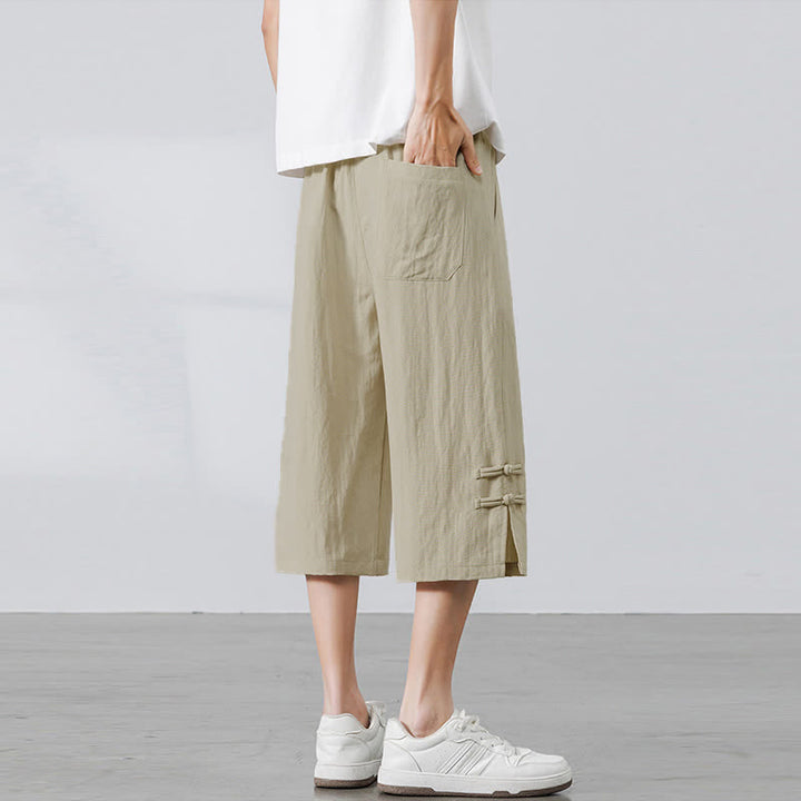 Buddha Stones Summer Casual Boho Drawstring Solid Half Pants Men's Straight Leg Pants With Pocket - image 2