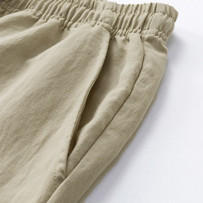Buddha Stones Summer Casual Boho Drawstring Solid Half Pants Men's Straight Leg Pants With Pocket - image 5