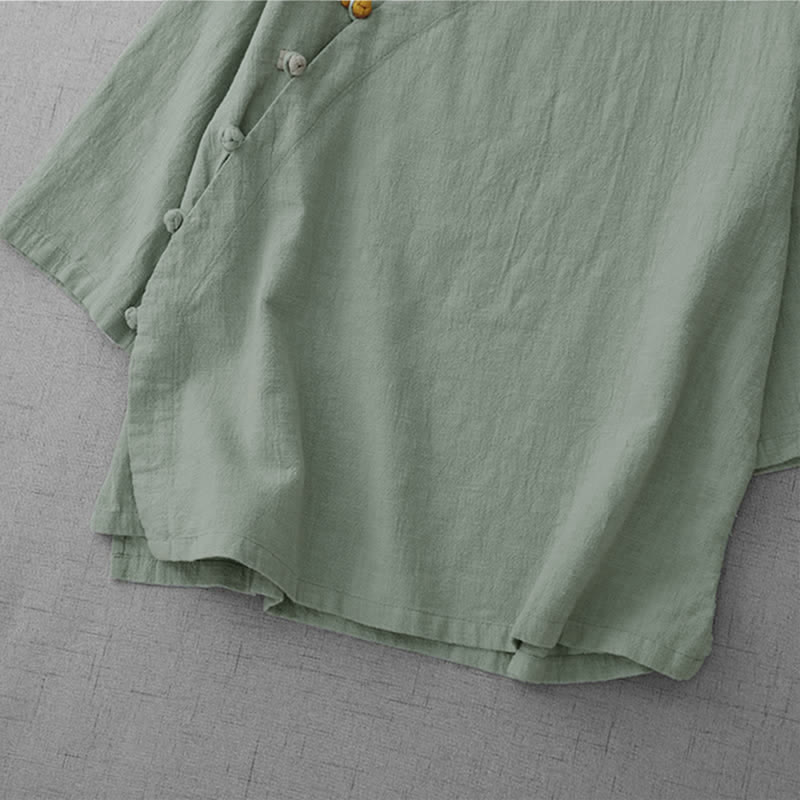 Buddha Stones Summer Tang Style Vintage Mandarin Collar Frog Button Solid Women's Elbow-Length Sleeve Shirts - image 8