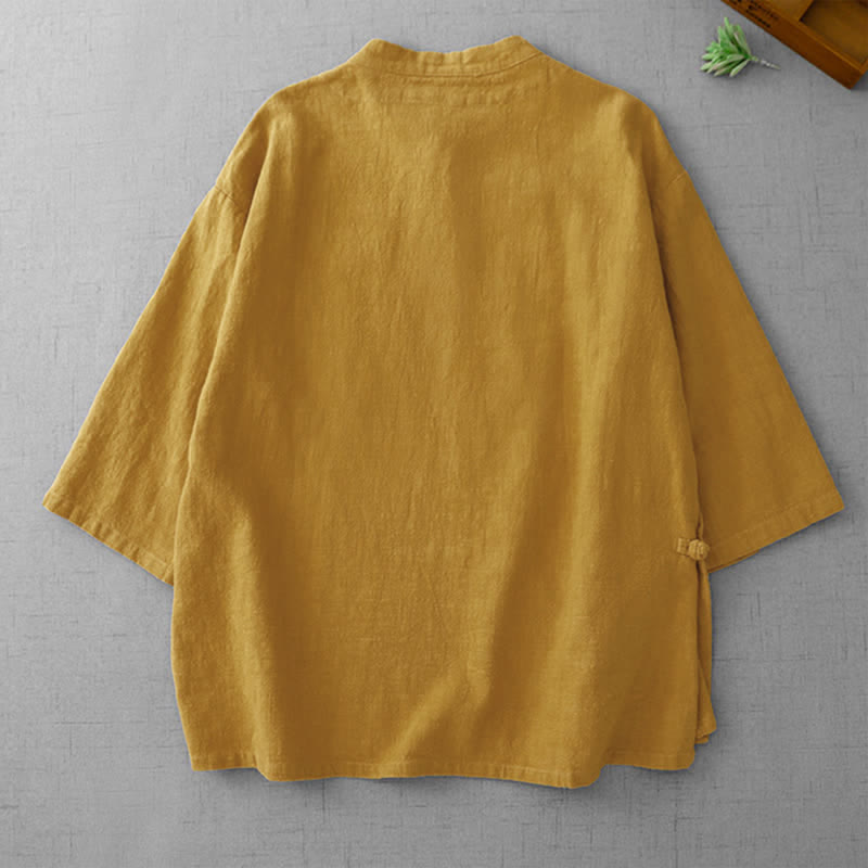 Buddha Stones Summer Tang Style Vintage Mandarin Collar Frog Button Solid Women's Elbow-Length Sleeve Shirts - image 1