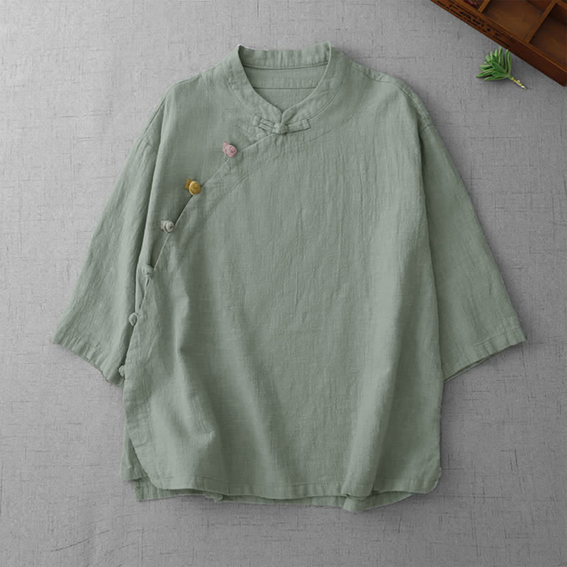 Buddha Stones Summer Tang Style Vintage Mandarin Collar Frog Button Solid Women's Elbow-Length Sleeve Shirts - DarkSeaGreen - US8-10, UK/AU12-14, EU40-42 (2XL) - image 5