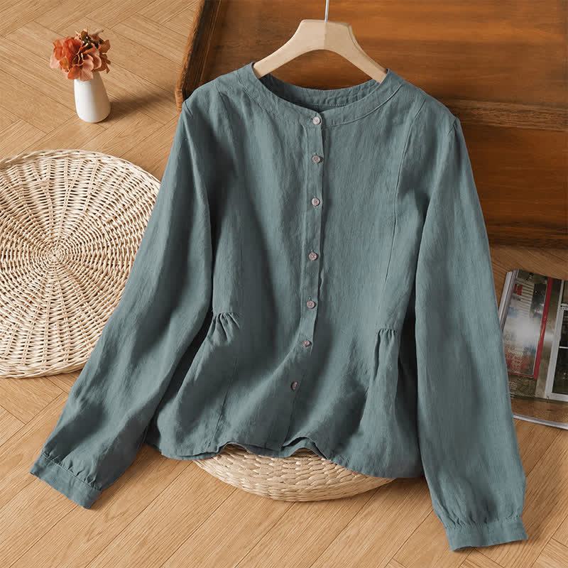 Buddha Stones Spring Fall Casual Minimalist Button-Up Crew Neck Solid Women's Long Sleeve Shirts - Teal - US8-10, UK/AU12-14, EU40-42 (2XL) - image 0