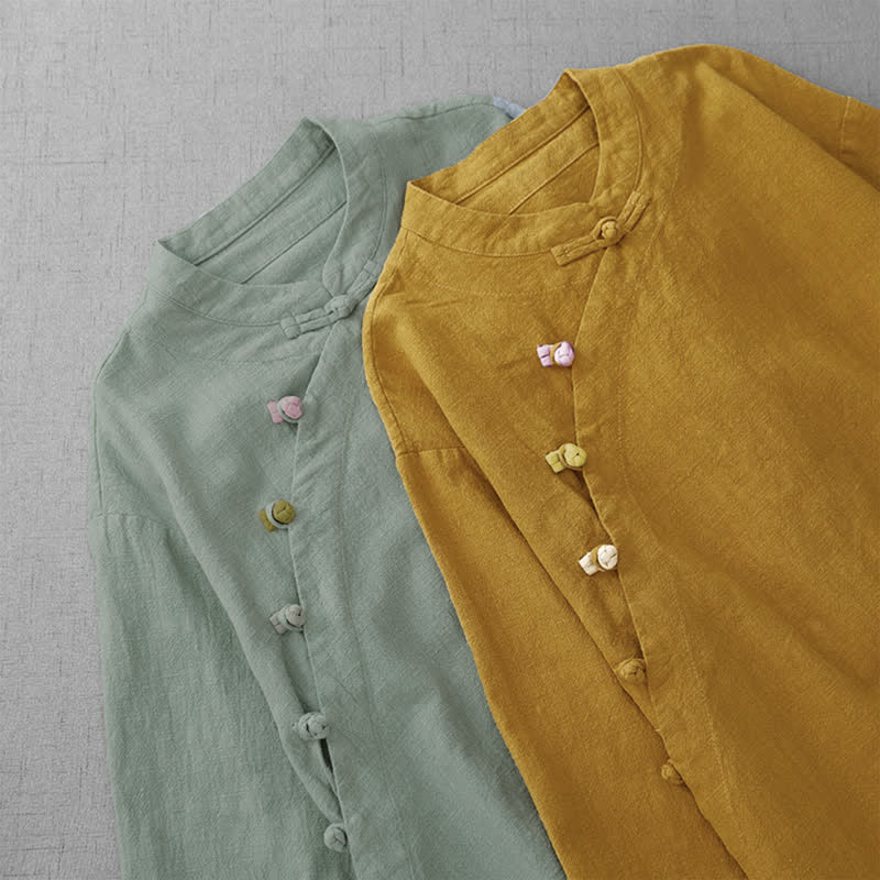 Buddha Stones Summer Tang Style Vintage Mandarin Collar Frog Button Solid Women's Elbow-Length Sleeve Shirts - image 13