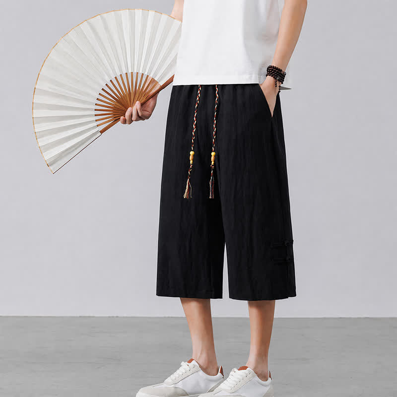 Buddha Stones Summer Casual Boho Drawstring Solid Half Pants Men's Straight Leg Pants With Pocket - image 10