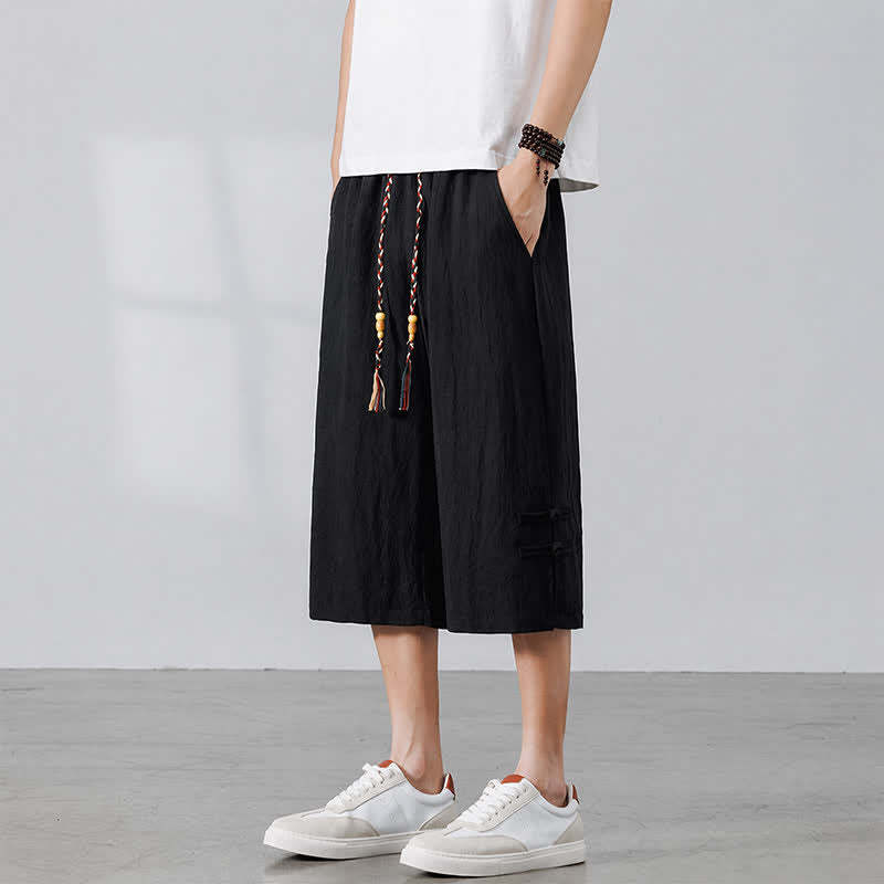 Buddha Stones Summer Casual Boho Drawstring Solid Half Pants Men's Straight Leg Pants With Pocket - Black - US/UK/AU46, EU56 (5XL) - image 8