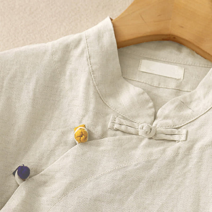 Buddha Stones Summer Tang Style Minimalist Mandarin Collar Solid Women's Short Sleeve Shirts - image 2
