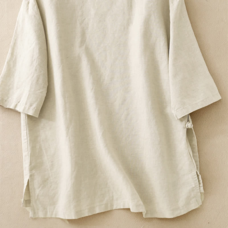 Buddha Stones Summer Tang Style Minimalist Mandarin Collar Solid Women's Short Sleeve Shirts - image 1